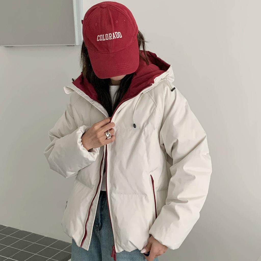 American retro winter new white duck down jacket women's tide brand contrasting color outdoor warm hooded jacket