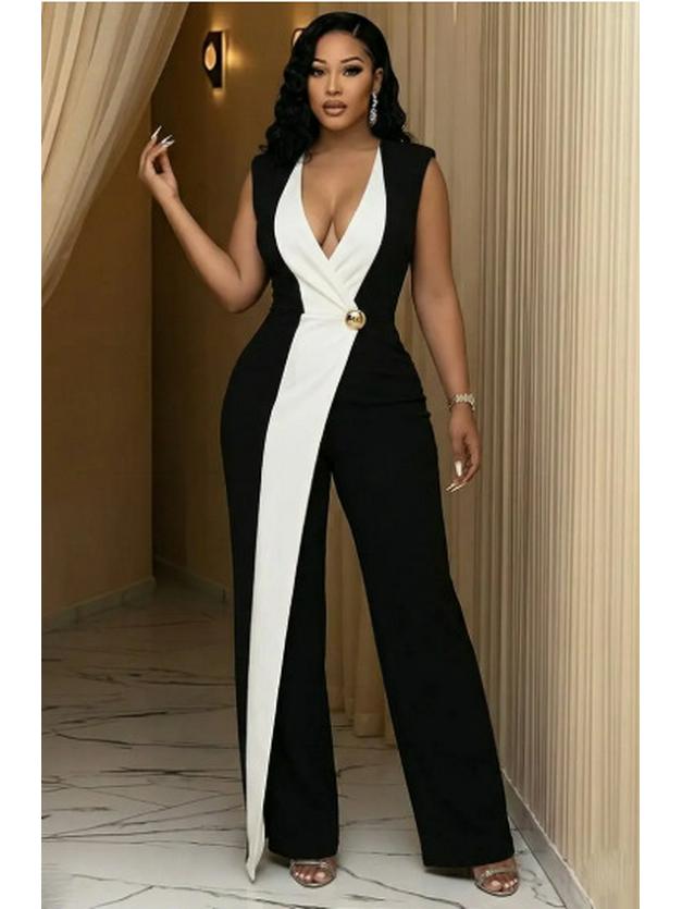 2026 European & American Deep V-neck Sleeveless High-waist Color Block Evening Jumpsuit