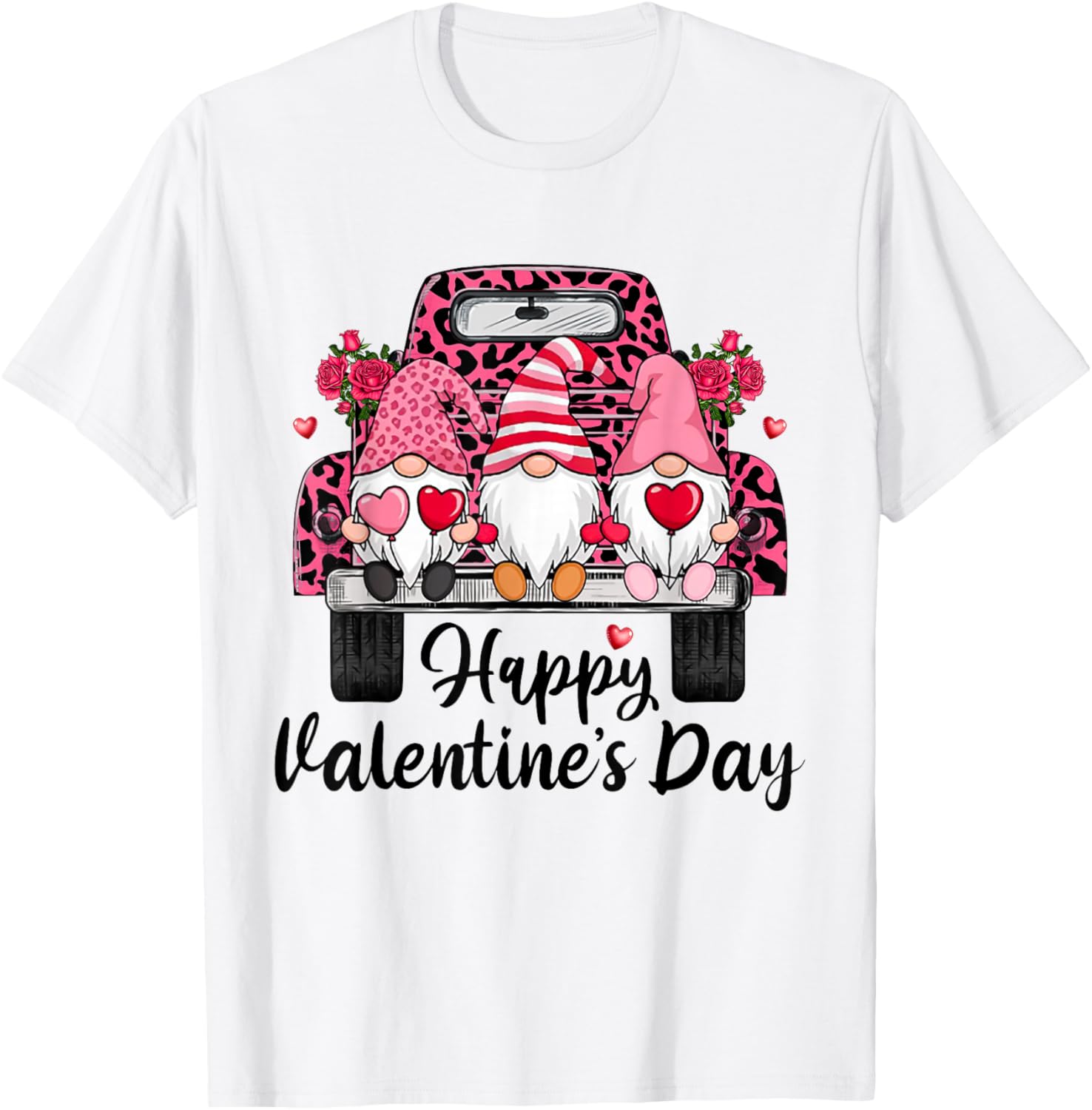 Three Gnomes Leopard Truck Graphic Tee Cute Happy Valentine Day Casual Cotton Short Sleeve T-Shirt S