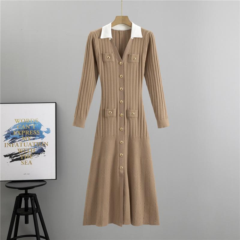 

Женское платье-свитер с длинным рукавом, весна-осень, V-образный вырез, ребристый трикотаж, повседневные, формальные, коктейльные, облегающие, макси-платья, на пуговицах, облегающие, А-силуэта, платья для женщин one size fits all хаки
