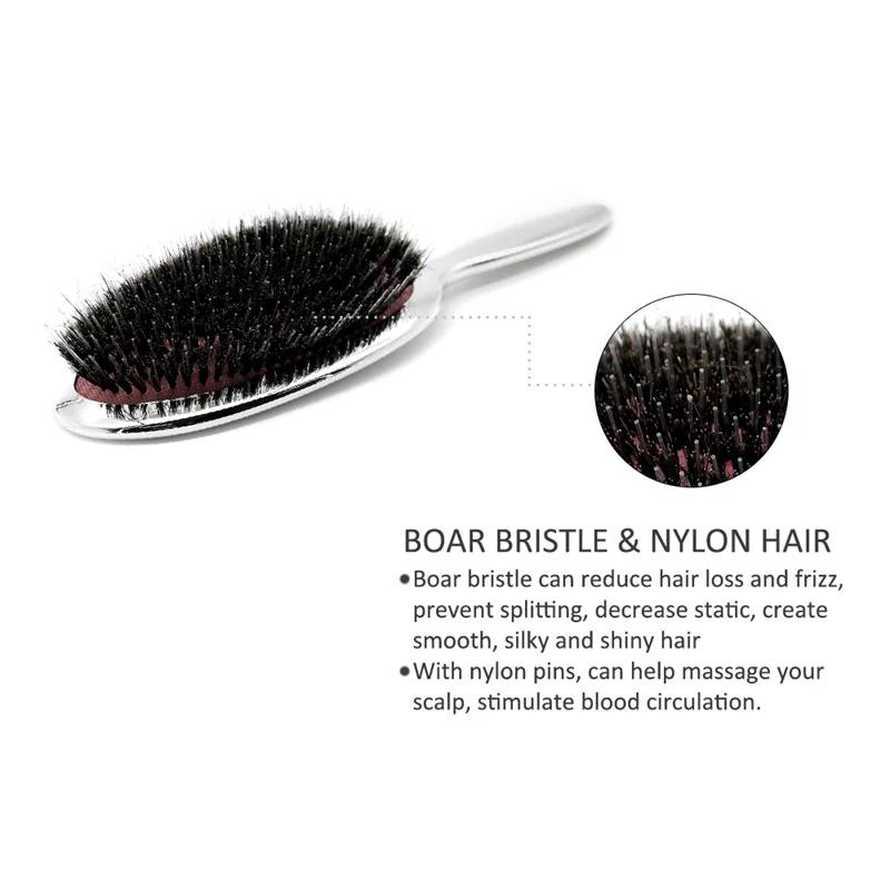 1pc Luxury Gold and Silver Color Boar Bristle Paddle Hair Brush Oval Hair Brush Anti Static Hair Comb Hairdressing Massage Comb