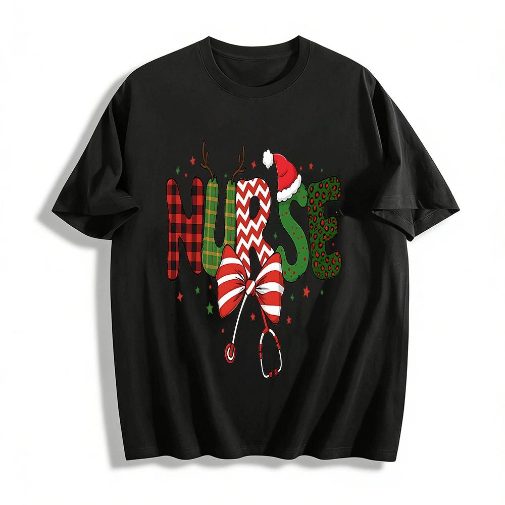 Christmas Nurse Print Top Festive Vibe Healthcare Worker Tee Pure cotton T-shirt XXS
