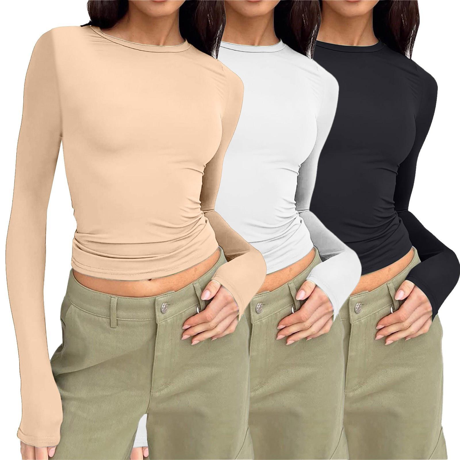 Women s Fashion Colour Casual Long Sleeve Pullover Bottom Shirt T-Shirt Tops Three Pack M