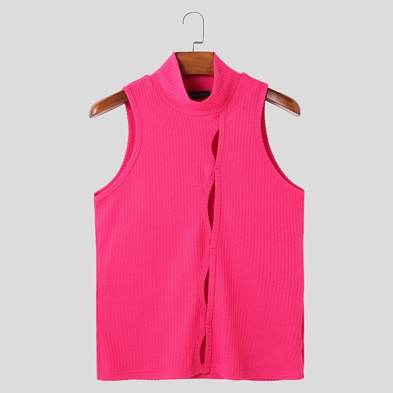 INCERUN Men High Neck Sleeveless Hollow Out Texture Casual Summer Tank Tops
