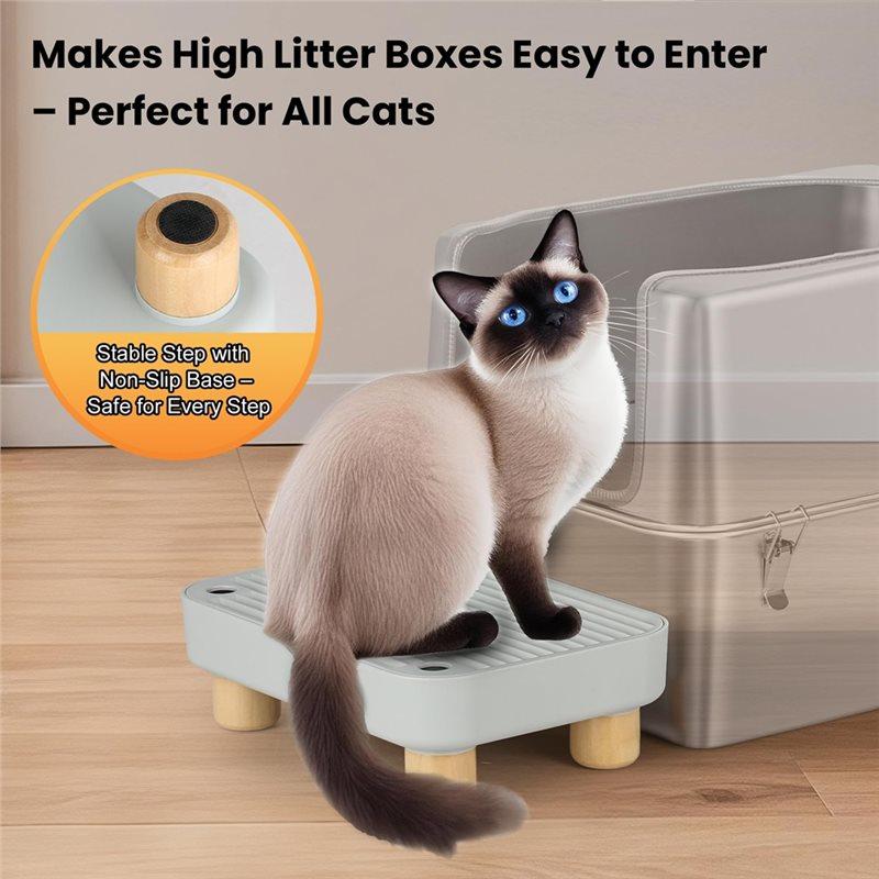 Litter Box Catcher With Wooden Base, Anti-Tracking& Easy To Clean, Litter Box Step, Ramp Designed Ideal For Small Elderly Cats