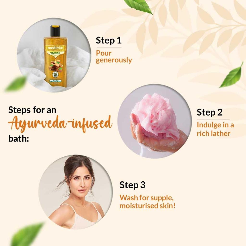 Medimix Ayurvedisches Körperwaschmittel, Sandelholz Mit Eladi-Öl Für Klare, Strahlende Und Bräunungsfreie Haut 250ml + 50ml | Kräuter-Duschgel | Frei von Parabenen & Sulfaten