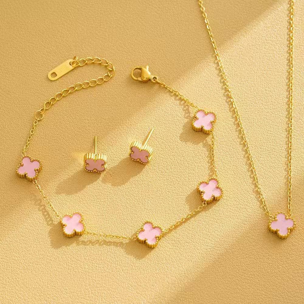 9mm Double-Sided Four-Leaf Clover Necklace & Bracelet Set: Titanium Steel, Light Luxury, Fashionable Collarbone Chain for Women