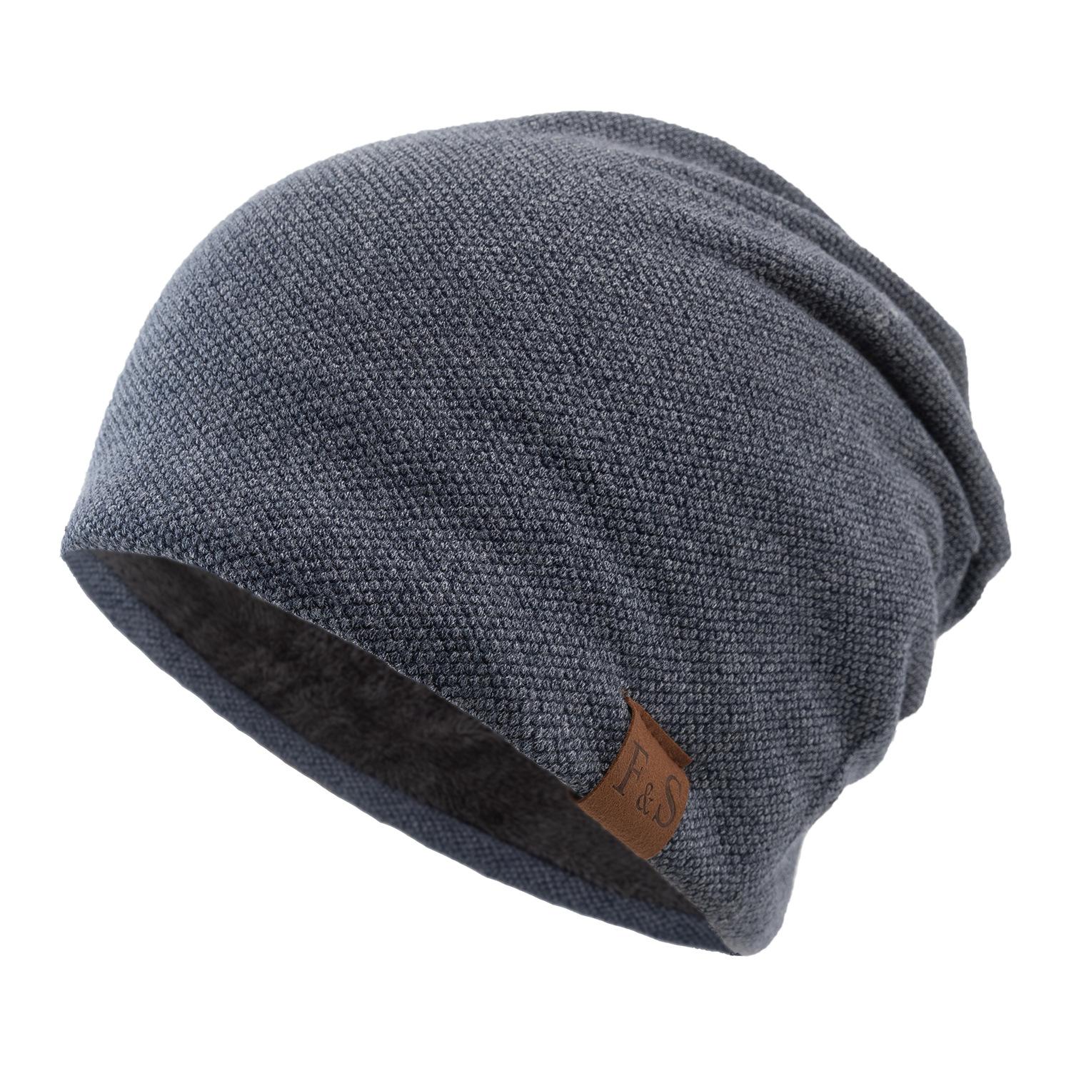 

Autumn/Winter Beanie Hat Casual Fleece-Lined Thermal Solid-Colour Loose-Fit Knitted Hat for Men and Women One Size