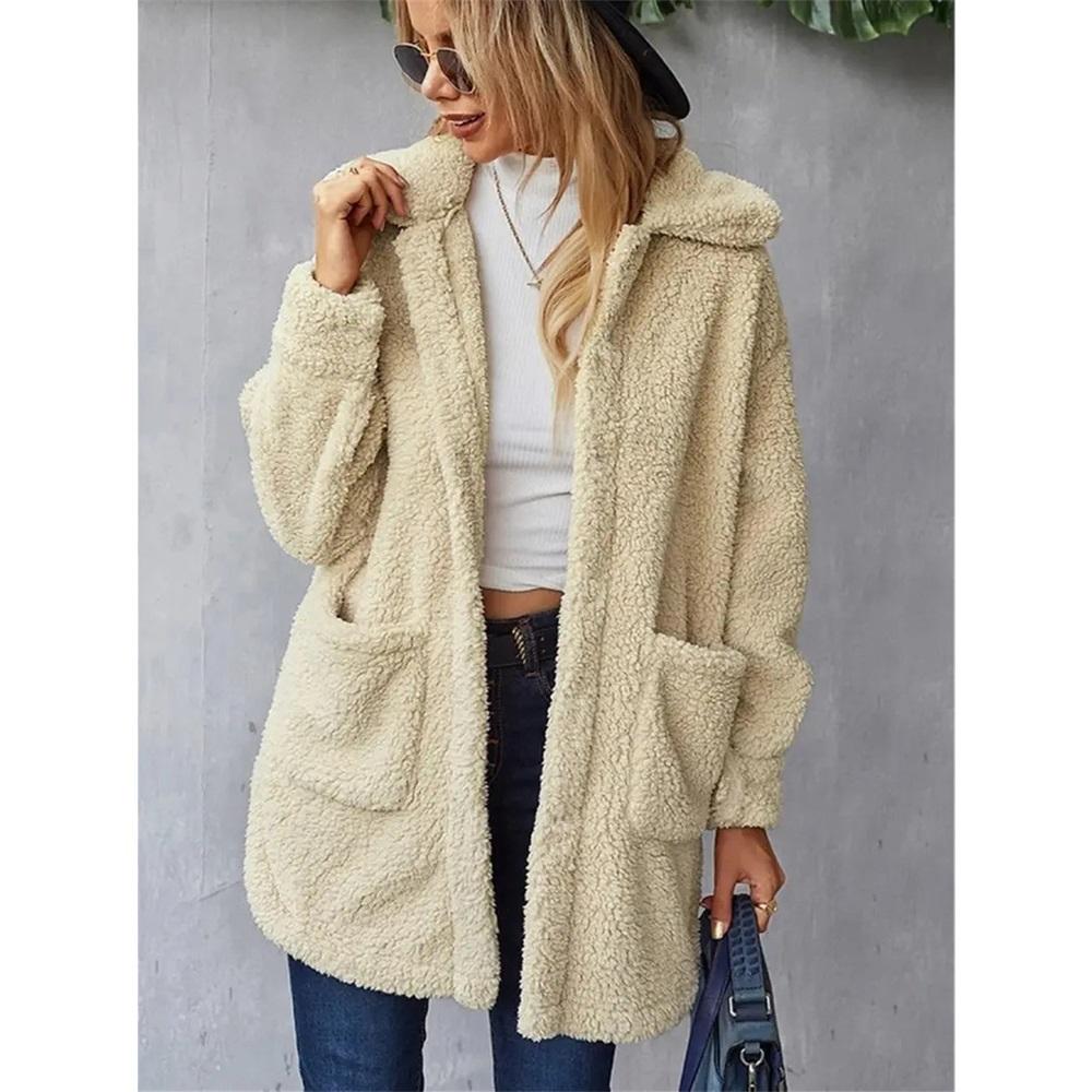 

Women s Solid Color Long-sleeved Lapel Double-sided Plush Cardigan Jacket S абрикосовый
