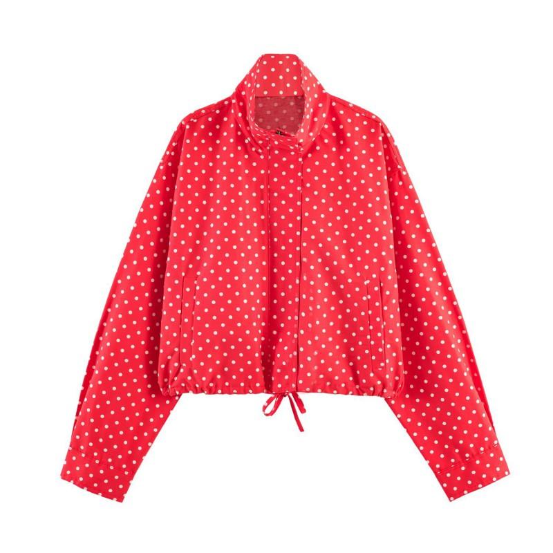 Womens Stand Collar Long Sleeve Colorblock Polka Dot Drawstring Jacket Short Outerwear