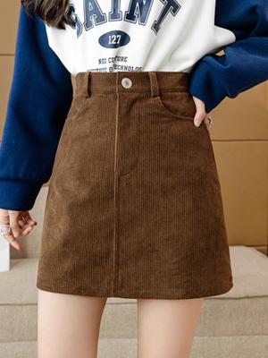 High Waist A-Line Corduroy Skirt - Women's 2023 Autumn/Winter Collection (Korean Style, Coffee Color)