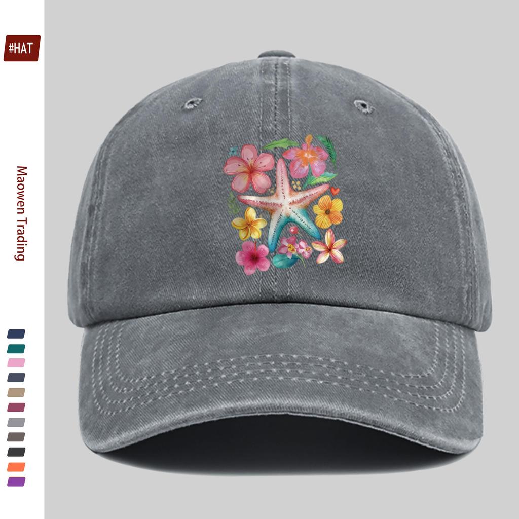Pc Watercolor Style Baseball Cap with Starfish Flower and Leaf Pattern Print Casual Travel Decorative Design Sun Hat Comfor