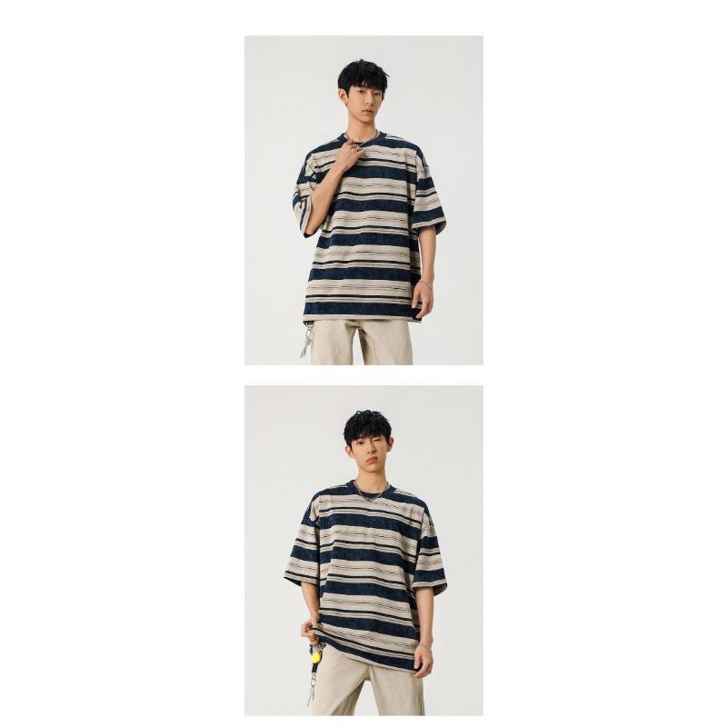 Herren Gestreiftes Lockeres Rundhals Casual Kurzarm T-Shirt