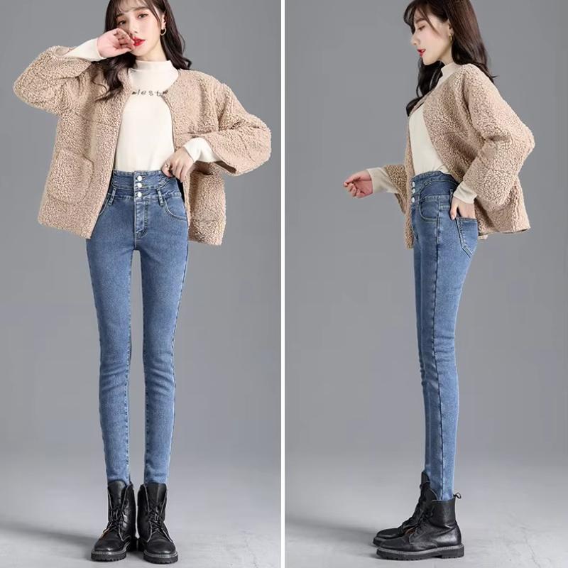 Thermal Winter Thick Fleece High-waist Warm Skinny Jeans Thick Women Stretch Button Pencil Pants Mom Casual Velvet Jeans