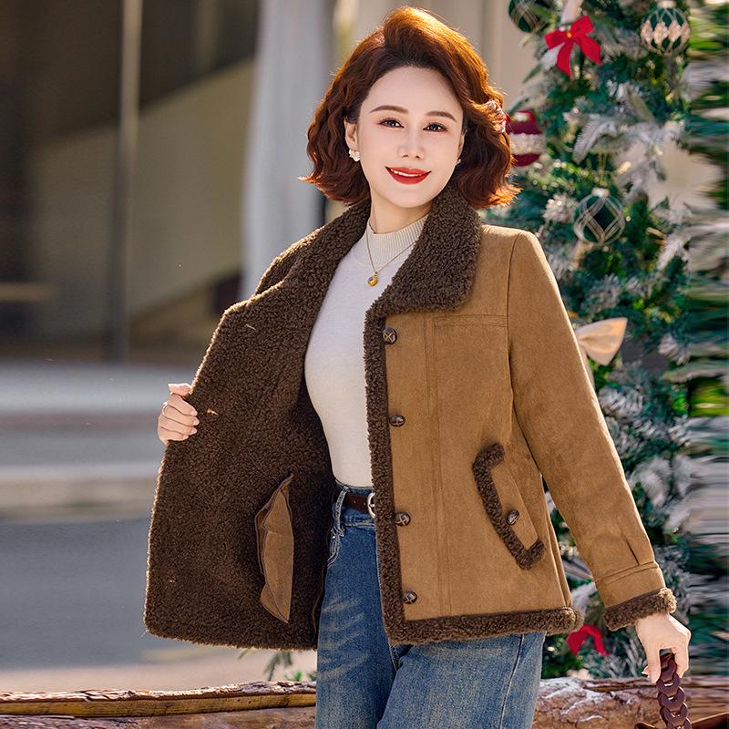 Petite Women's Lambswool Jacket for Mid-Aged & Elderly: Autumn/Winter Leather & Fur, Thick Plain Top