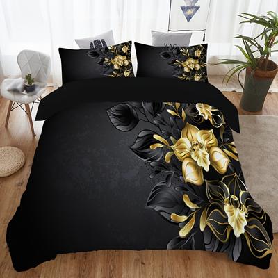 Gold Orchid Print Quilt Cover Pillowcase 3D Digital Three-Piece Set Home Textile Nordic Style