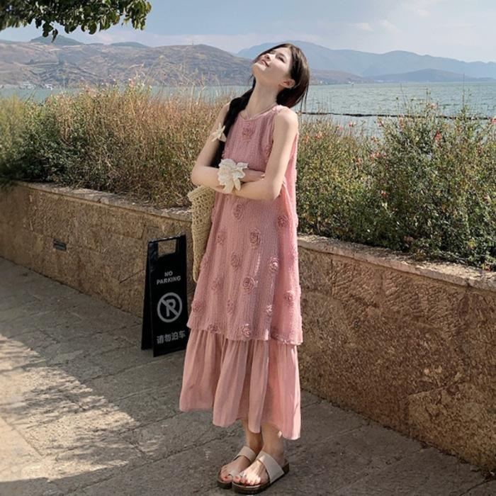 Seaside Vacation Style Long Dress Women's Summer New Sweet Three-dimensional Flower Fake Two-piece Loose Vest Dress