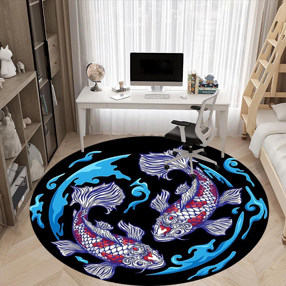 1pc Koi Fish Yin Yang Carpet, Round Non Slip Durable Large Size Office Carpet, Suitable for Office