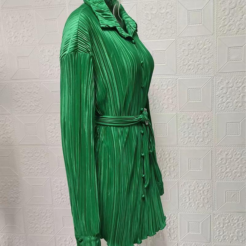Spring and Autumn Women's Shirt Dress Fashion Elastic Waist Pleated Long Sleeve Tie Dress
