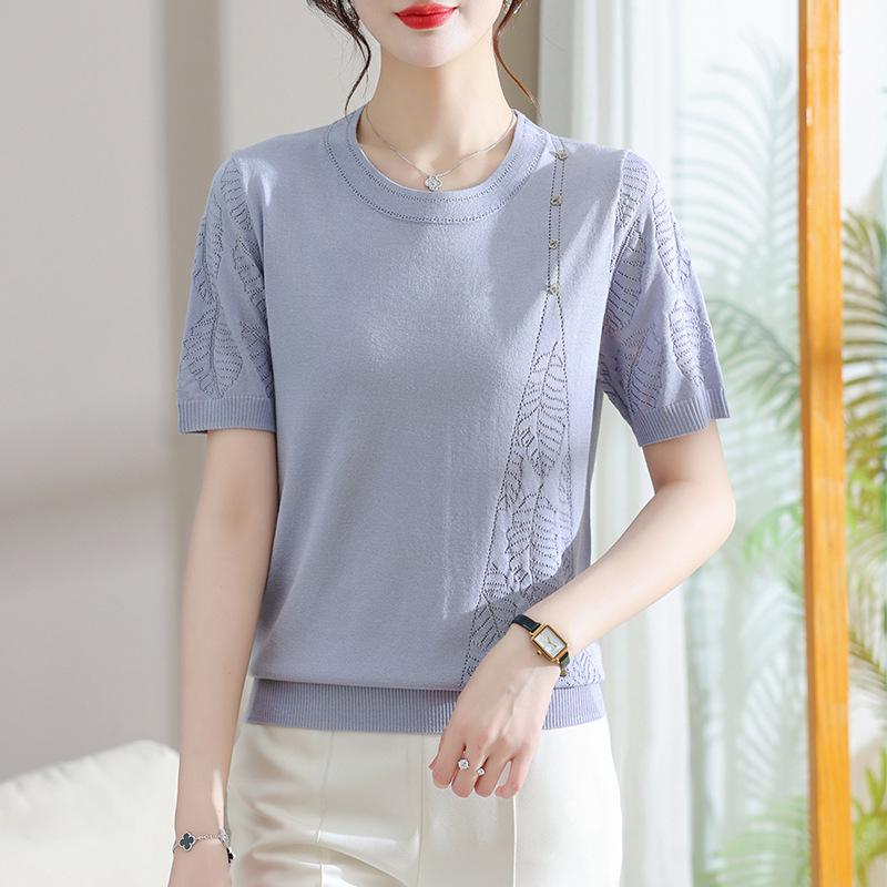 

Mom s Summer Ice Silk Short-Sleeve Top for Middle-Aged Women 120 сірий колір/небо