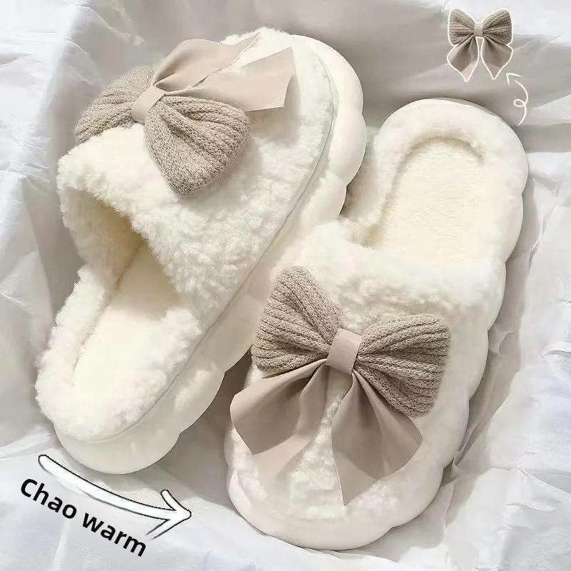 Cotton Slippers Men's Home Indoor Cute Warm Home Couple Plush Butterfly Knot Home Ladies Cotton Shoes Autumn Winter Home Slipper