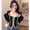 Women's Long-Sleeve Slim Fit Lace-Trim Square Neck Top for Autumn/Winter