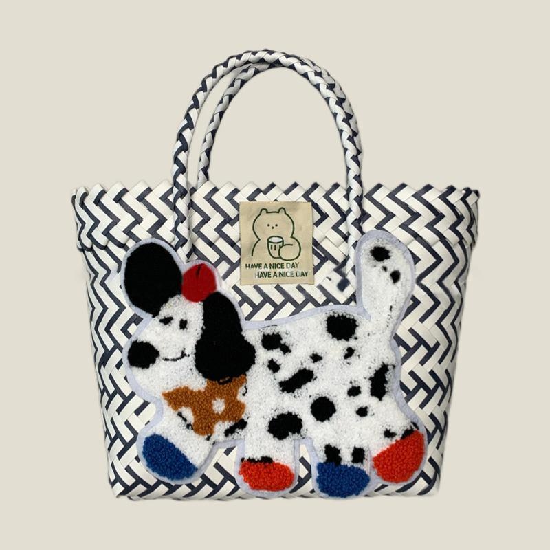 Retro Striped Dachshund Dog Woven Bag Trendy Cute Handbag Large Capacity Tote Bag  Bamboo Handle Vegetable Basket Bag