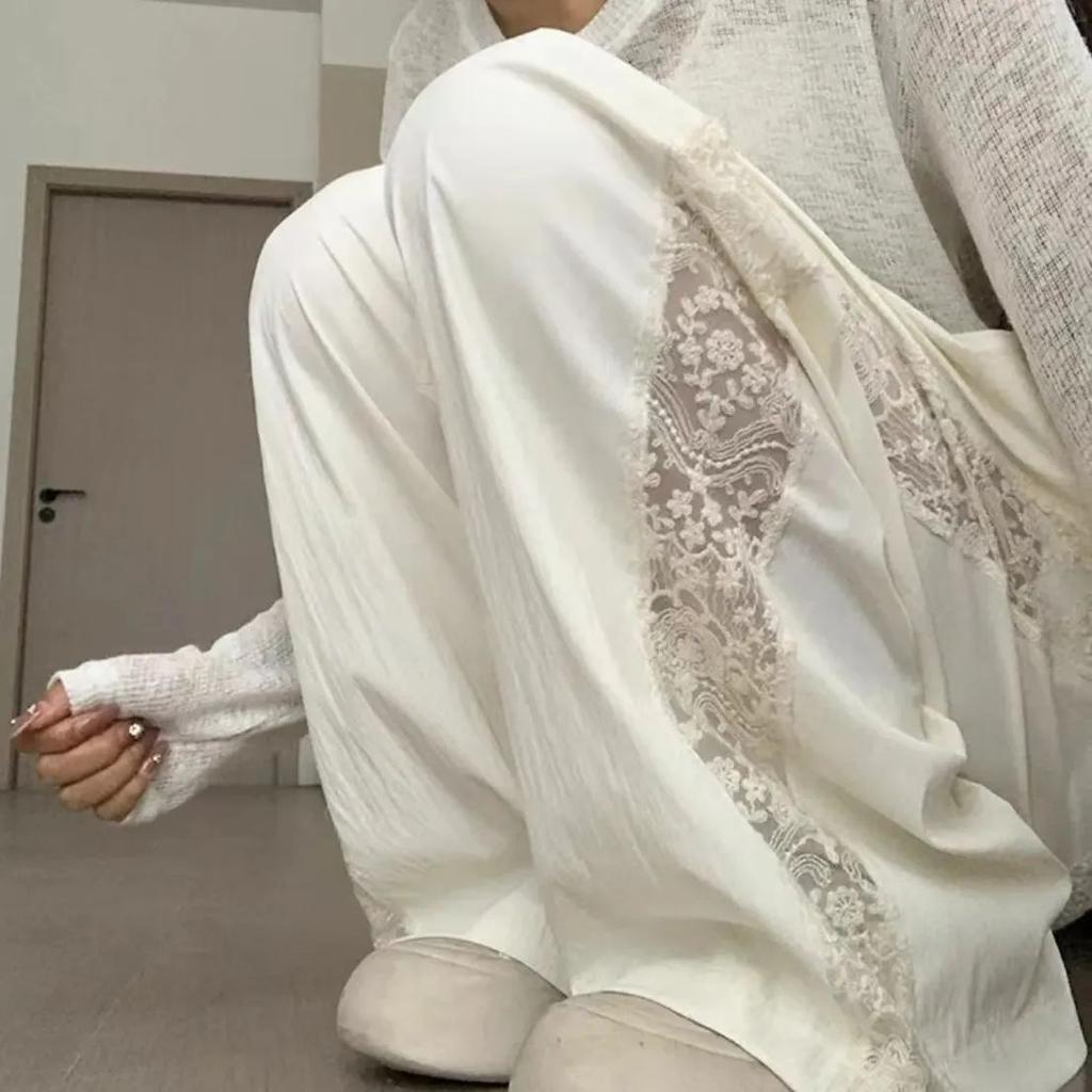 Women's Summer Stylish Lace-Trimmed Wide-Leg Pants - Straight Cut Casual Trendy Long Trousers