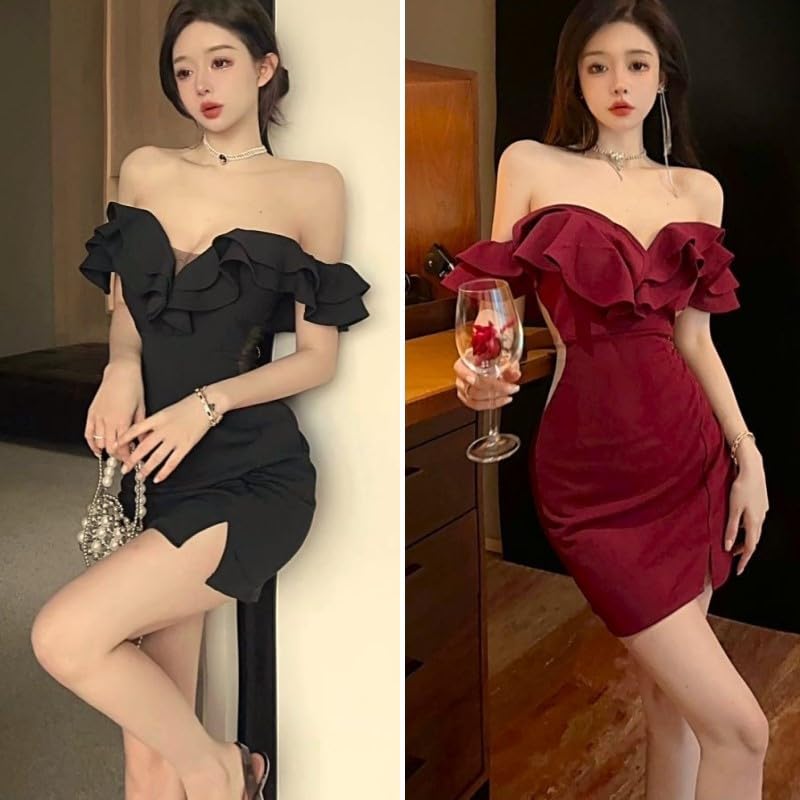 ISLAYCAOLILA E89 Corrida Dress Wine Cabaret Mini Club Party Tight Mini Women's (L, Red) - Dress, Dress, Dress, Dress, Dress, Sheer, Strapless,