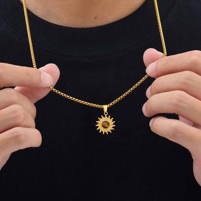 Trendige Sonnenblumenkette für Männer Jungen, Edelstahl Naturstein Anhänger, Schmuck Geschenk für Ehemann Papa Sohn BBF