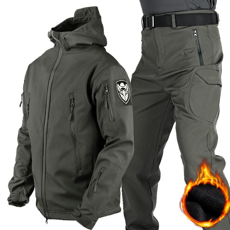 Men's Autumn and Winter Waterproof Warm Jacket Suit Thickened Soft Shell Suit Plus Velvet Cargo Pants 2-piece Set