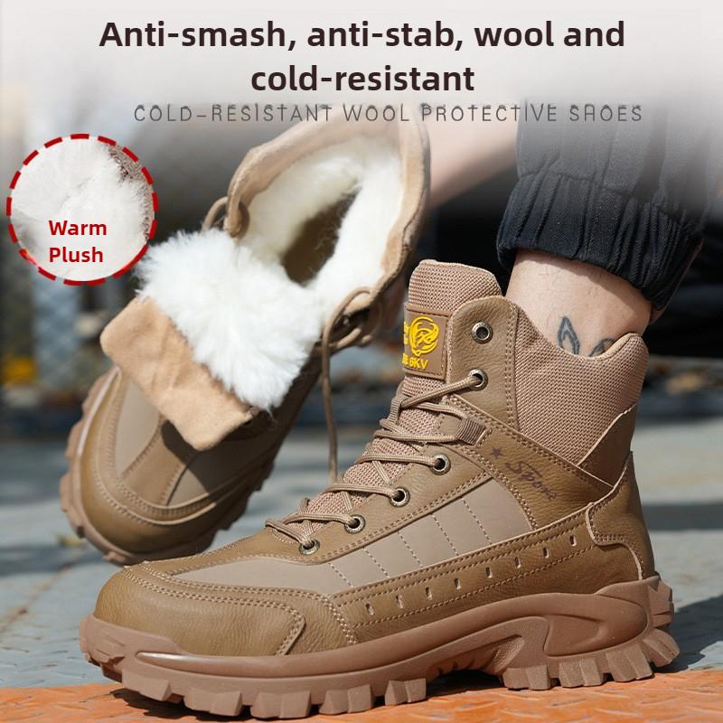 warm plush safety shoes for winter high plastic toe work boots cold-resistant smash-proof puncture-proof man non slip work shoes