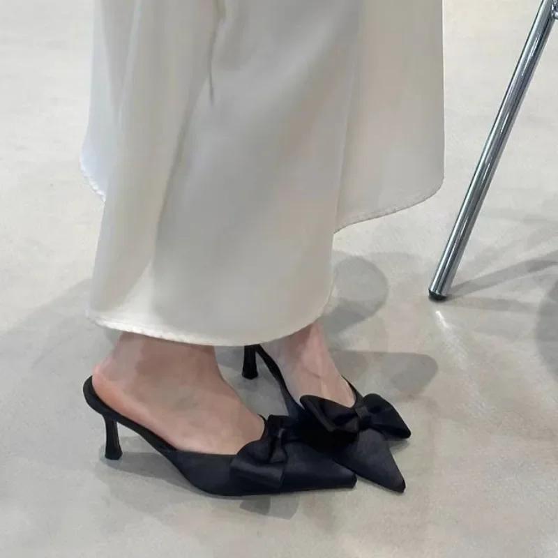 Fashion Summer Women's Slippers Pointed Toe Bow Tie Dress Sandals 2025 New Fashion Closed Toe Thin Heel Elegant Modern Slippers Zapatos