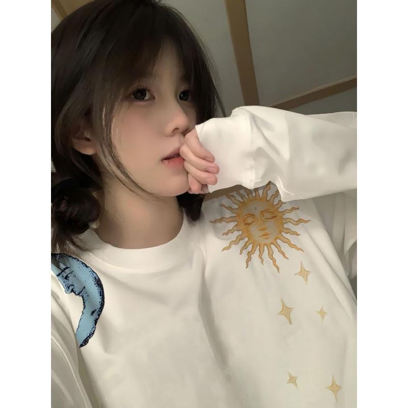 Amerikanische Trendmarke Sonne Mond bedrucktes Langarm-T-Shirt Damen Herbst Winter Locker Lässig Baumwoll-Top Paare