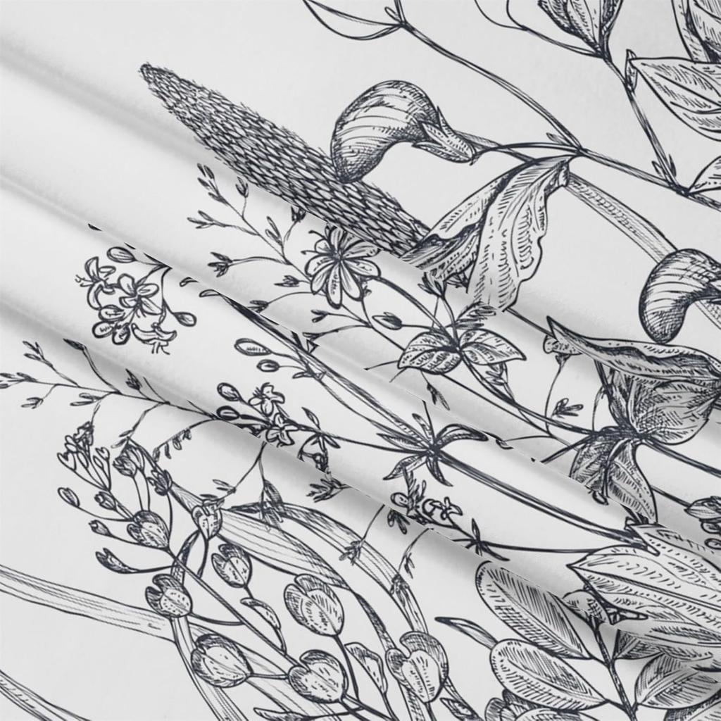 Botanical Stall Shower Curtain, Black and White Plant Herb Flower Floral Small Dorm Bathroom Curtain, Natural Modern Plants Narrow Shower Curtain Set