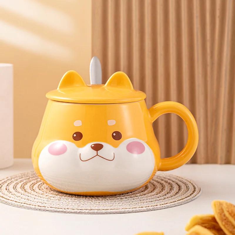 Creative Shiba Inu Ceramic Mug with Lid Cute Household Breakfast Mugs Office Coffee Cup with Lid Couple Water Cups Drinkware