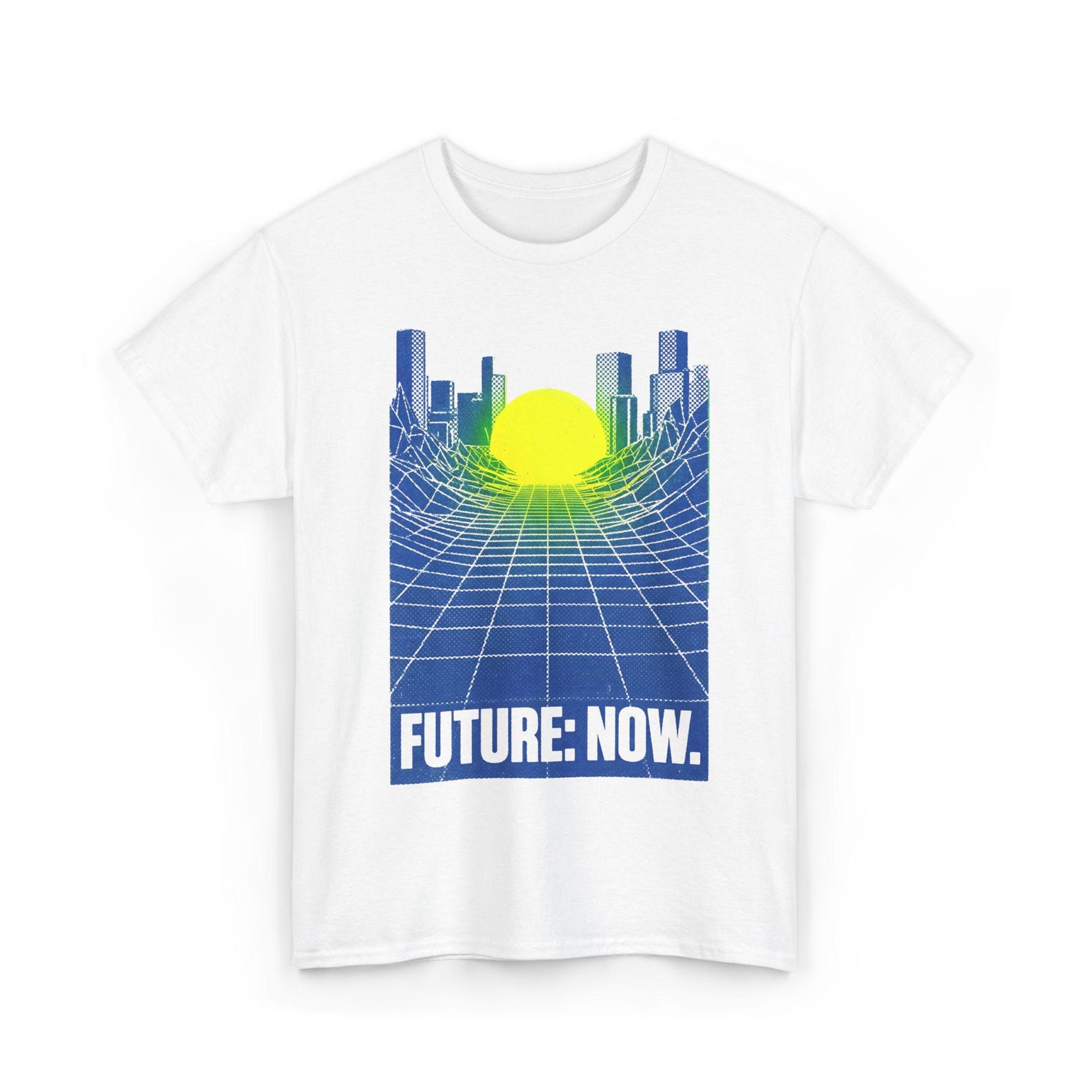 Synthwave Graphic T-Shirt, Future Now, Blue Yellow Grid, Retro 80s, Cyberpunk, Cityscape, Cotton S