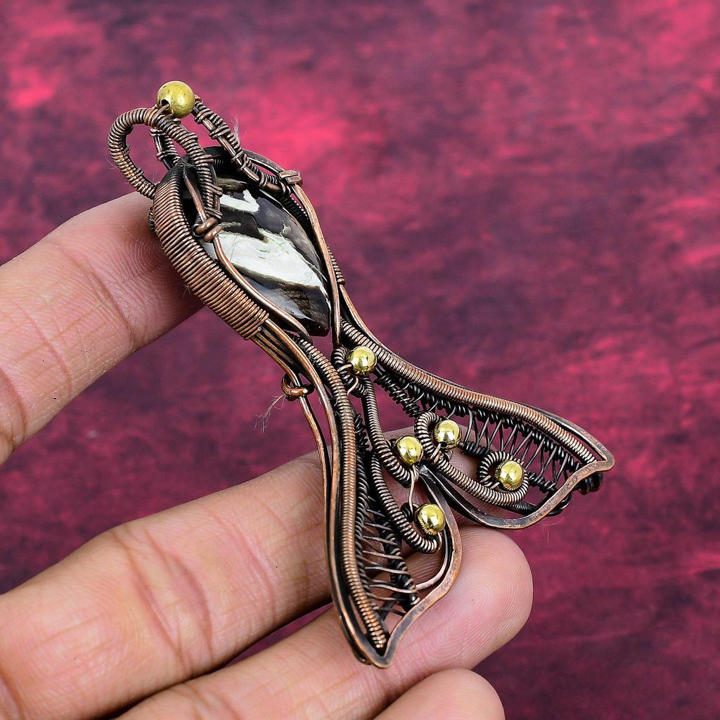 Peanut Wood Jasper Gemstone Pendant Copper Wire Wrapped Jewelry Fish Pendant