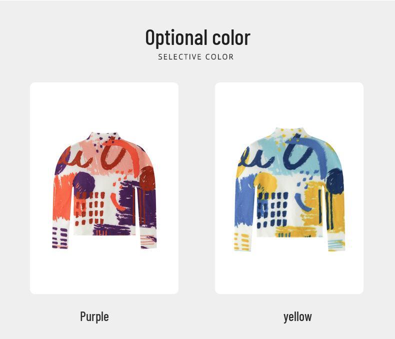 Miyake Pleats Women's High Neck Long Sleeve T-shirt - 2026 Spring/Summer Corn Kernel Abstract Print, Slim Fit.