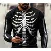 Maglietta da Uomo a Maniche Lunghe Girocollo con Stampa 3D Gabbia Toracica Scheletrica, Top a Maniche Lunghe Casual Streetwear con Grafica Teschio Gotico