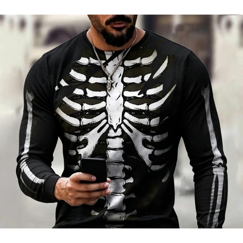Maglietta da Uomo a Maniche Lunghe Girocollo con Stampa 3D Gabbia Toracica Scheletrica, Top a Maniche Lunghe Casual Streetwear con Grafica Teschio Gotico