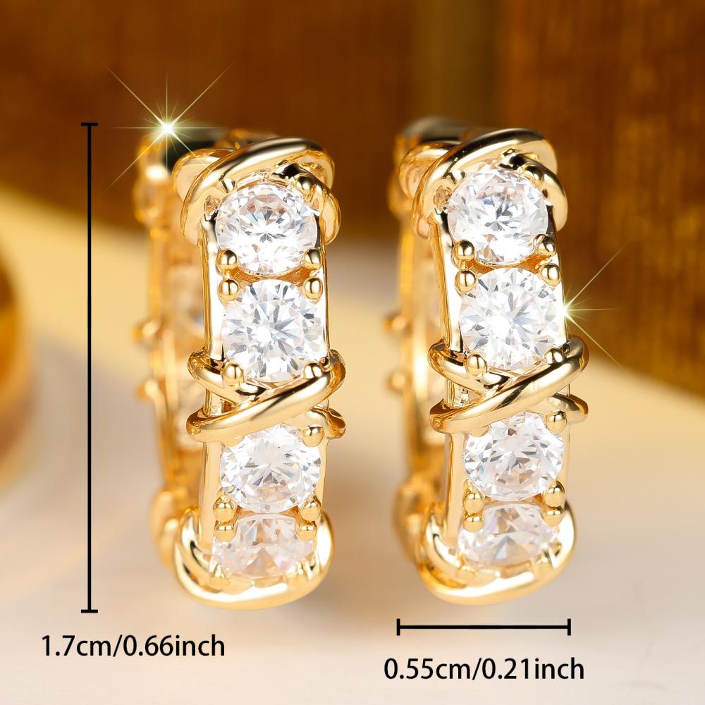 Stylish Gold Color Round Zircon Prong Set Twist Detail Huggie Hoop Earrings for Women Daily Fashion Jewelry