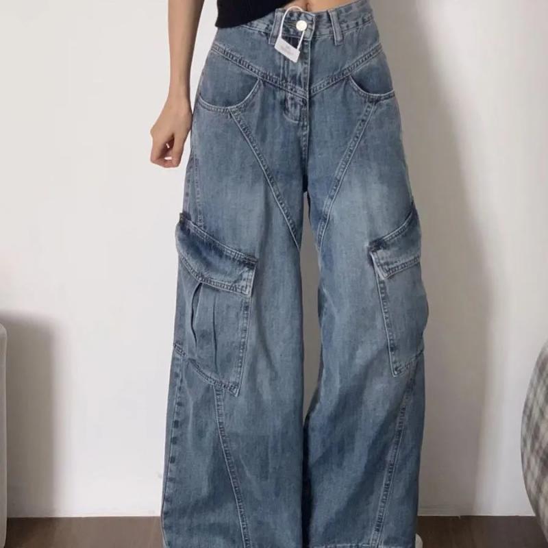 Neue Amerikanische Retro Weitbeinjeans Hohe Taille Schlankmachend Mehrfach-Taschen-Design Locker Vielseitig Arbeitshose
