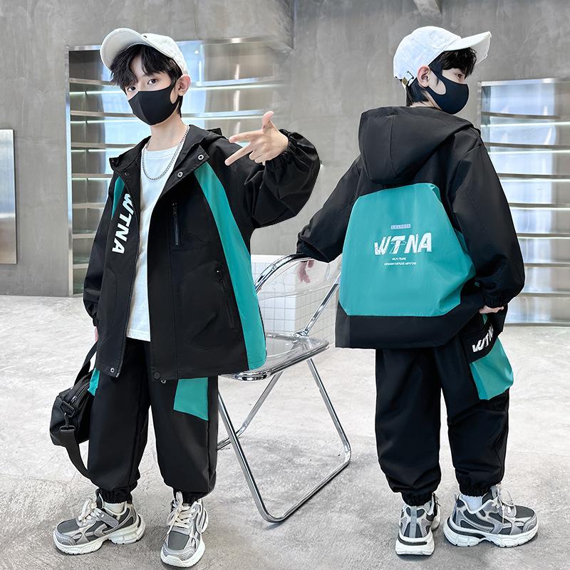 Boys' Spring and Autumn Suits, Children's Spring Hooded Jackets, Big Children's Cool and Handsome Two-piece Suits, Trendy and Cool