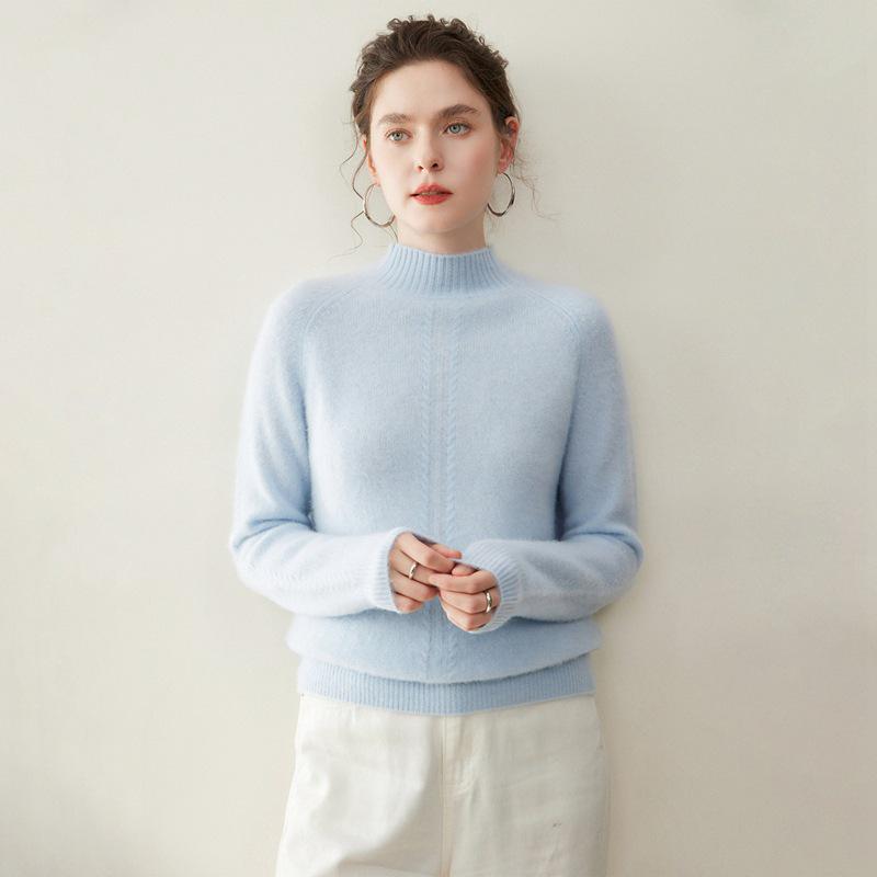 Women's Seven-Gauge Cashmere Sweater - Thick, Long-Sleeve, Solid Color, Half-High Neck Pullover for Autumn and Winter Warmth.