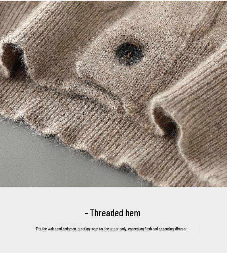 Men's Thick Cable Knit Wool Cardigan Sweater - Camel