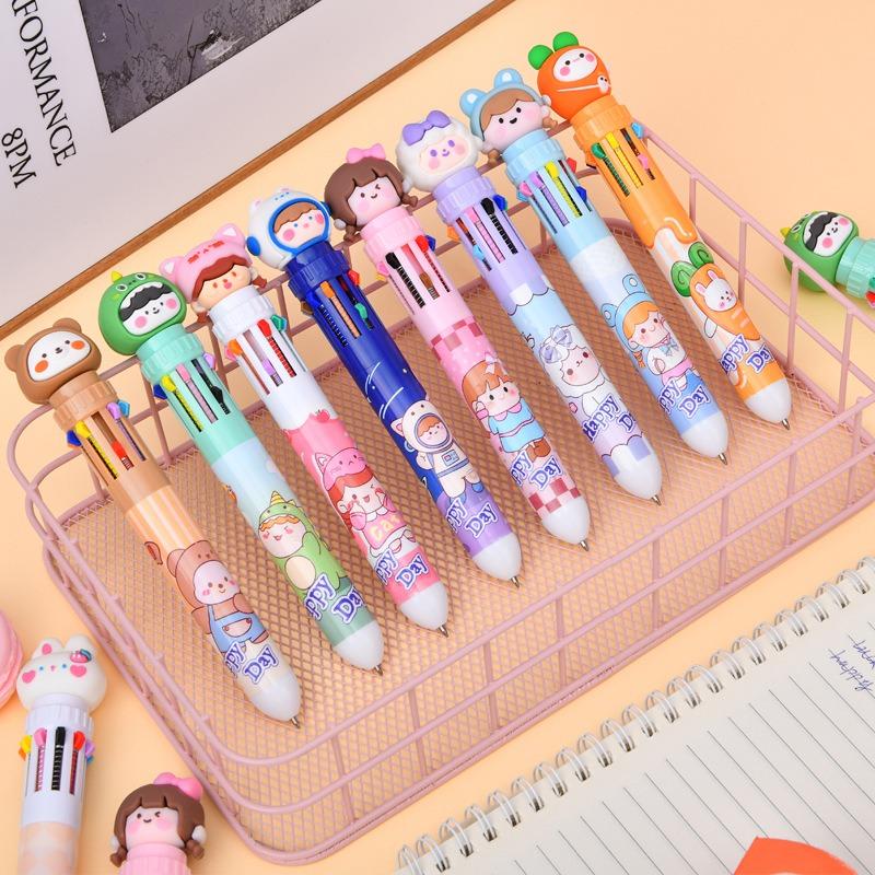 1Pc10 Colors Cute Cartoon Ballpoint Pen Kawaii Multi-Color Writing Supplies Notes Paintings Hand-Held Pens Student Gift