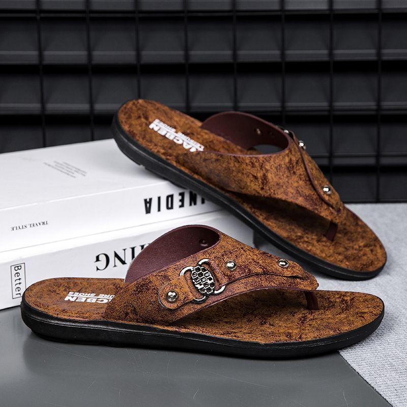 Men's Thong Flip Flops Leather Faux PU Non-Slip Wear-Resistant Soft Sole Athletic Versatile Stylish Casual