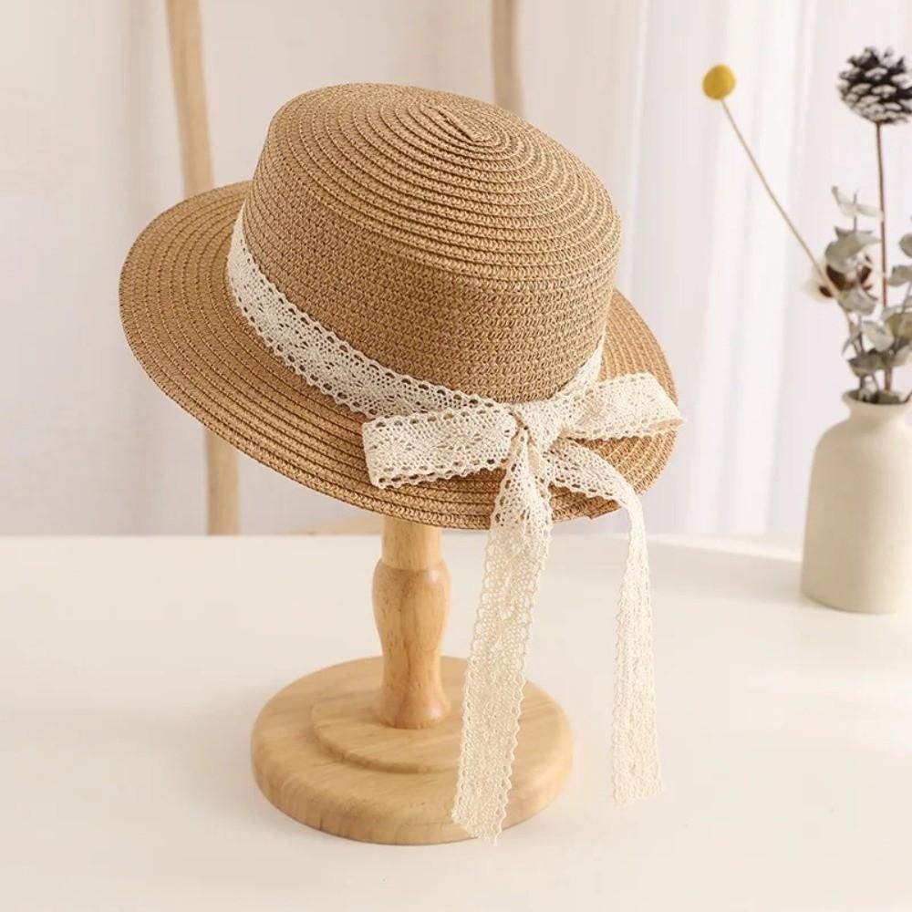 Fashion Lace Bow Straw Hat Foldable Breathable Sun Visor Cap UV Protection Sunshade Beach Hat for Girls