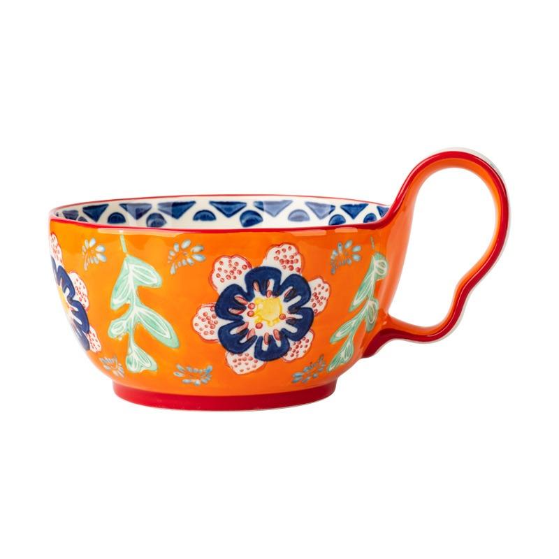 Ciotola per frutta e noodles in ceramica fatta a mano con manico a fiore dipinto a mano sotto smalto per uso domestico creativo